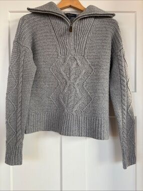 Brooks Brothers Women’s Gray Cable-Knit Quarter-Zip 100% Wool Sweater Size S